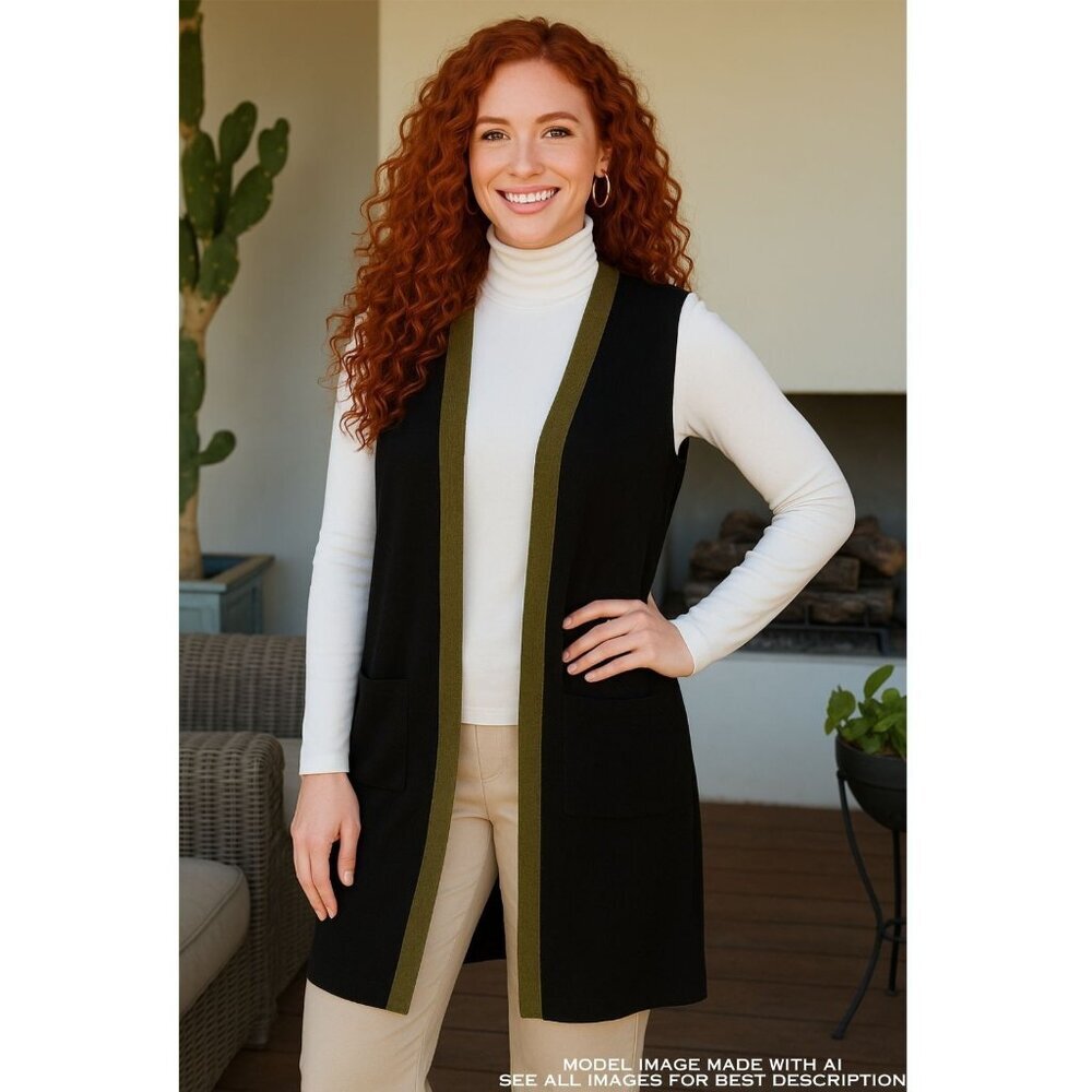 Oriana Wool Blend Cardigan L Open Front Color Block Lagenlook Old Money Italy